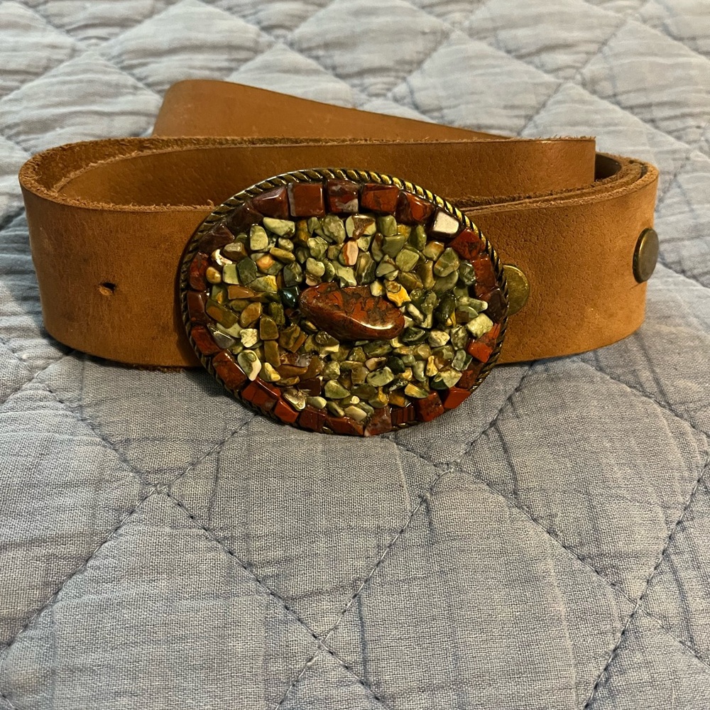 Vintage Leatherrock Leather Belt with Stone‎ Embellished Buckle